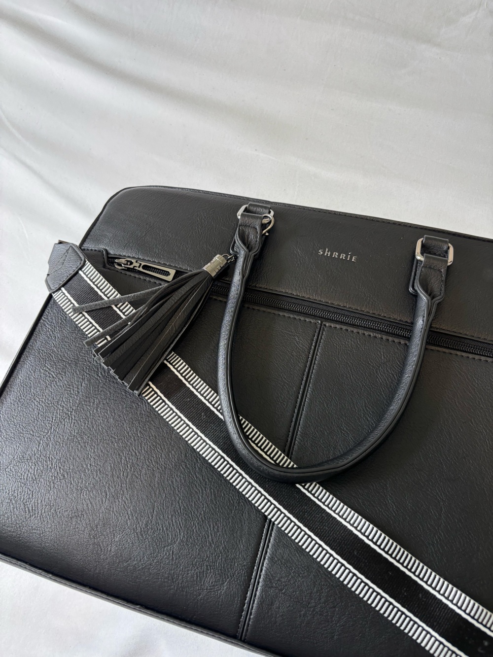 Double Black Leather Briefcase with Striped Detachable Strap - Picture 8 of 9